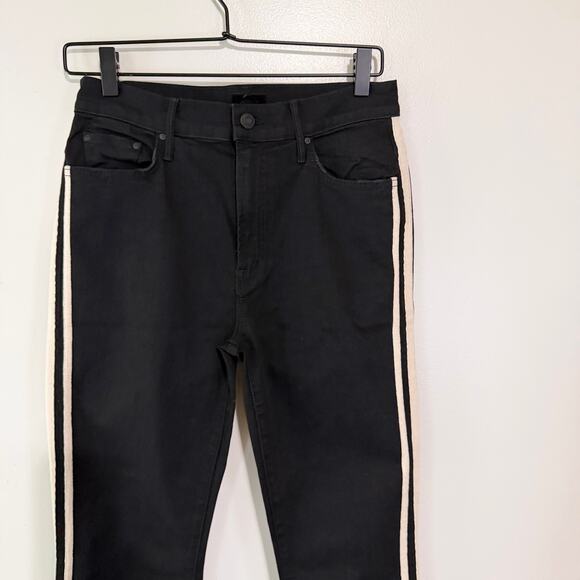 Mother Insider Striped Crop Step-Hem Fray Jeans Black Guilty Racer Stretch Sz 29 - Picture 7 of 16